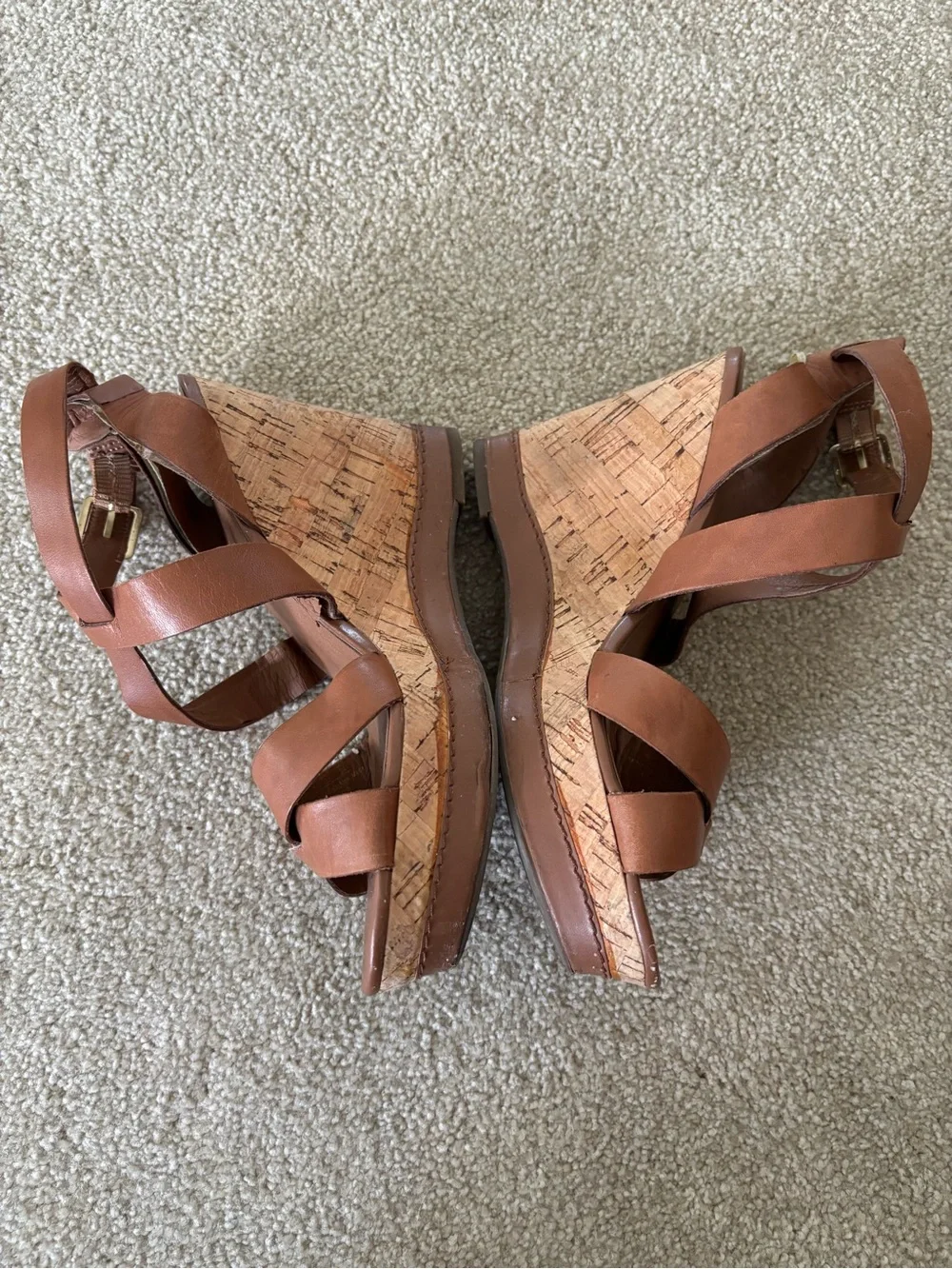 Franco Sarto Cognac Brown Leather Crisscross Wedge Sandals